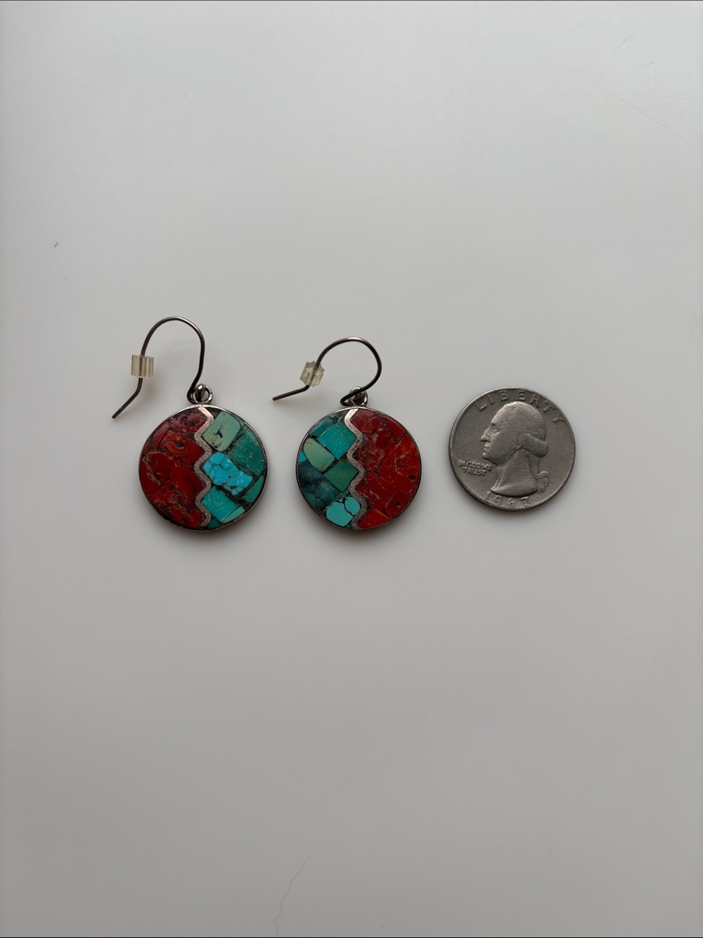 Native American Turquoise and Coral Circle Earrings—NL Sterling brand - Picture 2 of 8